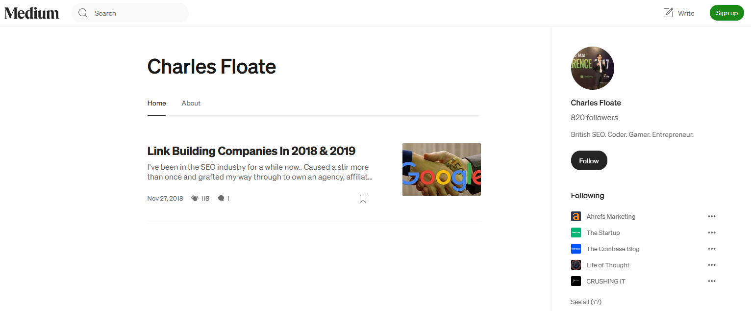 A screenshot of charles floate's medium profile.