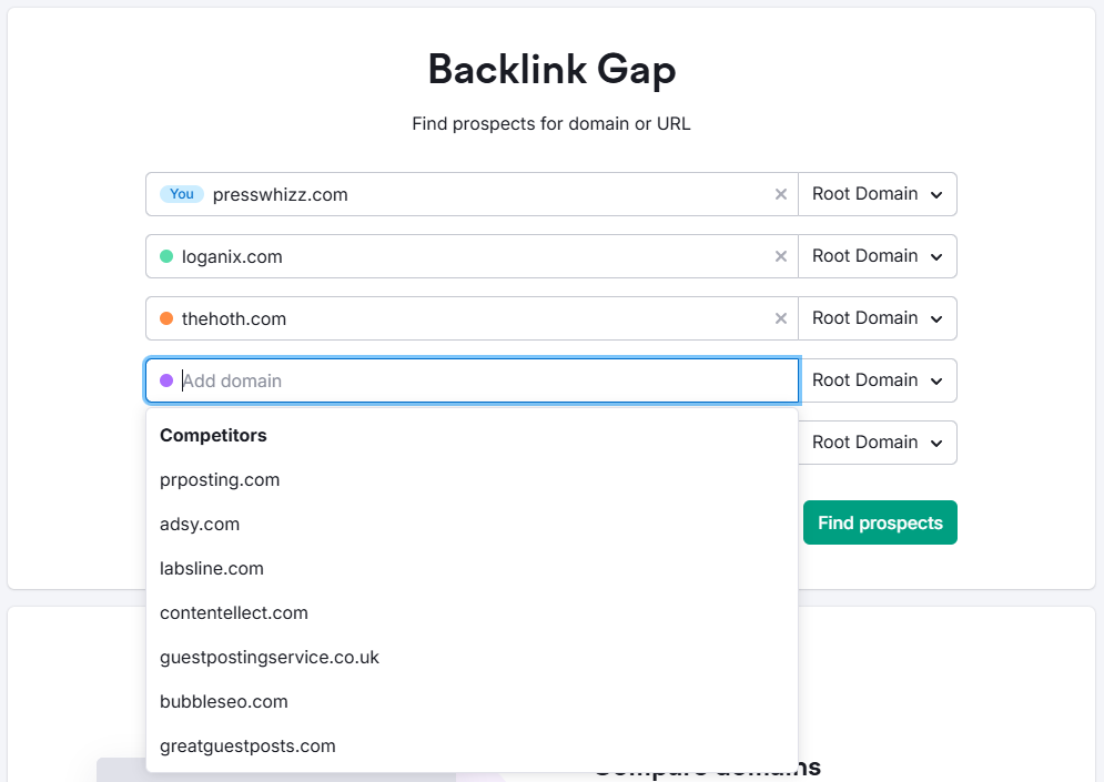 screenshot of semrush backlink gap tool
