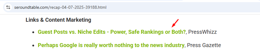 A screenshot of an Editorial Link where PressWhizz was naturally covered in an SERoundTable (DR84) daily update.