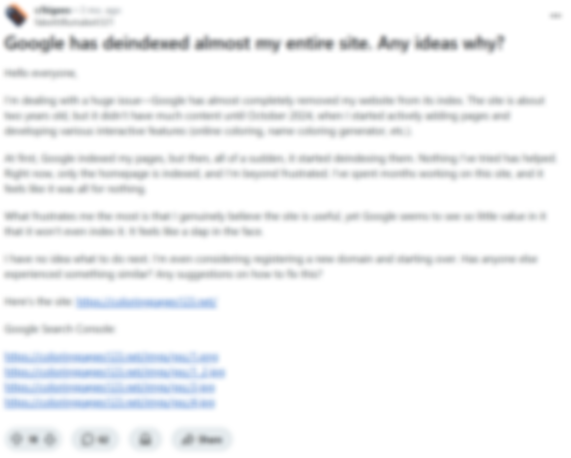 A blurred screenshot of an SEO crying on reddit about their spam site being deindexed.